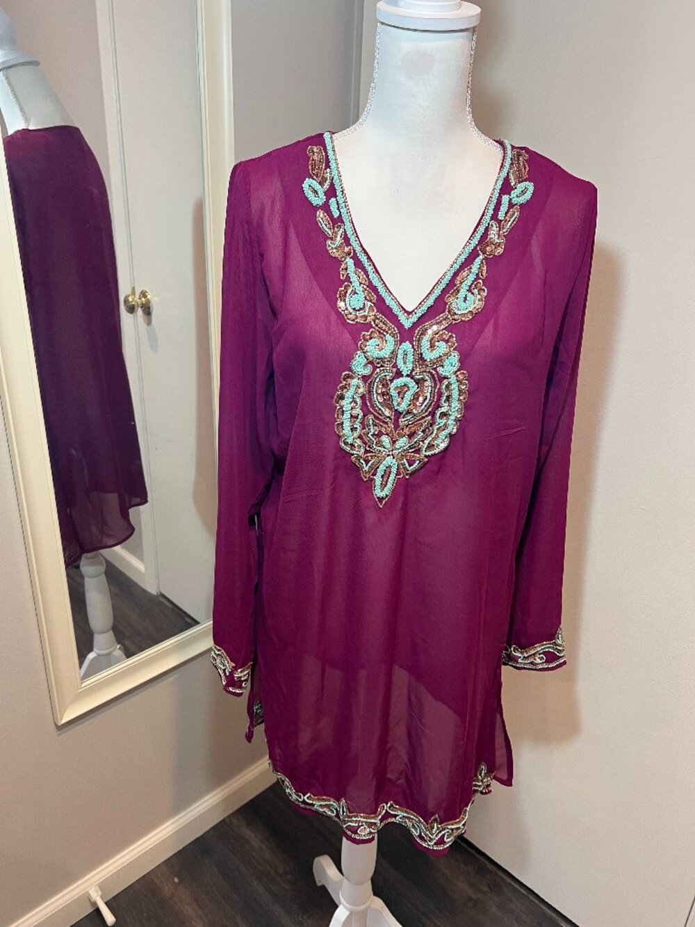 Embroidered V-Neck Tunic in Deep Plum